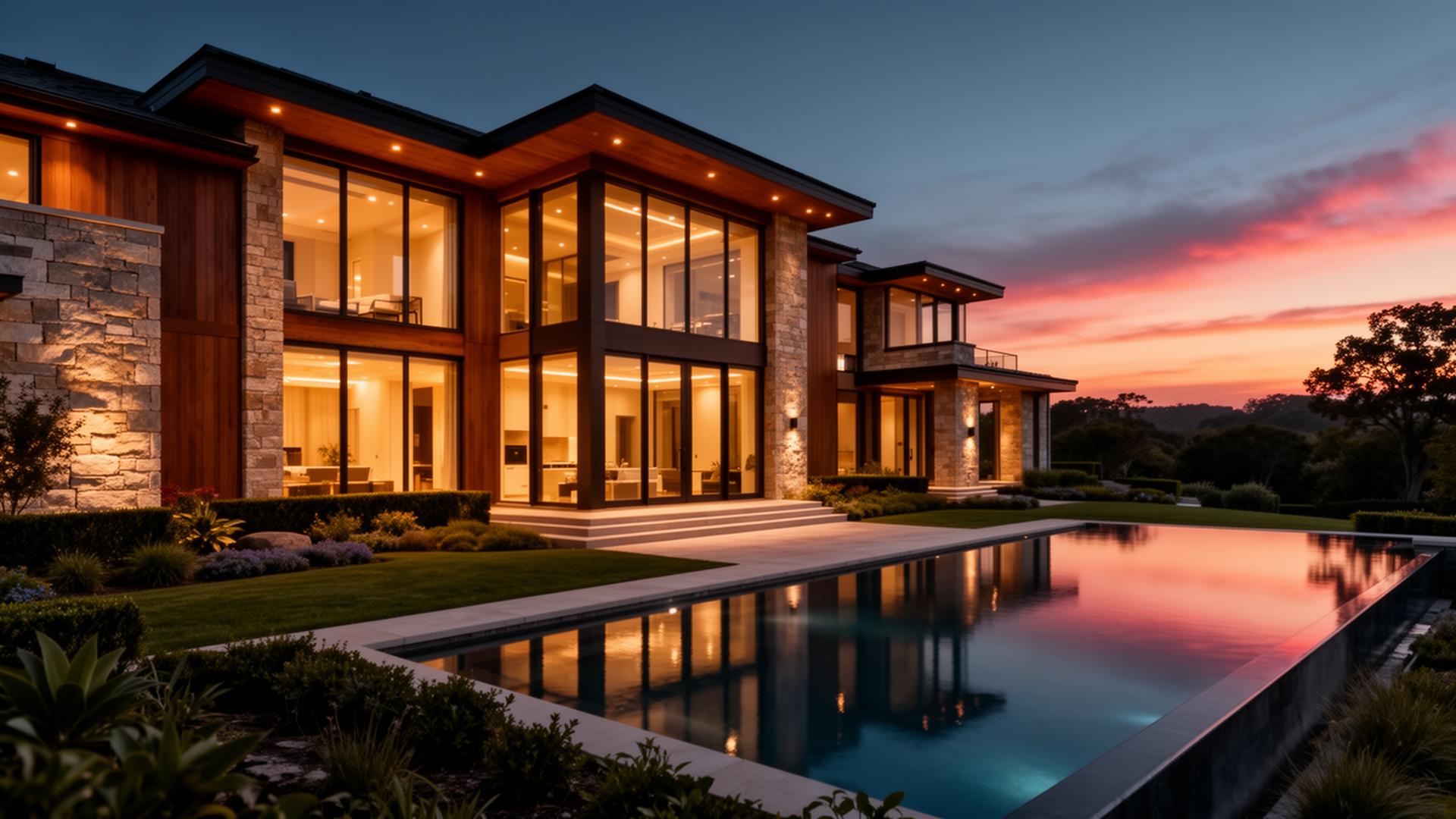 Luxury custom home at dusk with infinity pool
